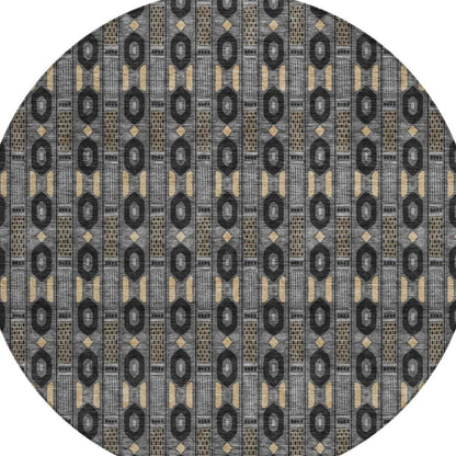 8' Black And Graphite Round Striped Washable Indoor Outdoor Area Rug
