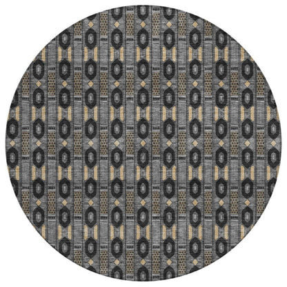 8' Black And Graphite Round Striped Washable Indoor Outdoor Area Rug