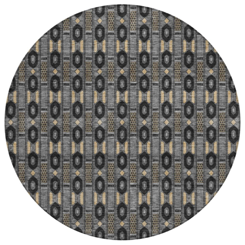 8' Black And Graphite Round Striped Washable Indoor Outdoor Area Rug HomeRoots