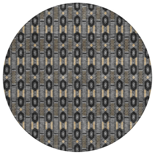 8' Black And Graphite Round Striped Washable Indoor Outdoor Area Rug