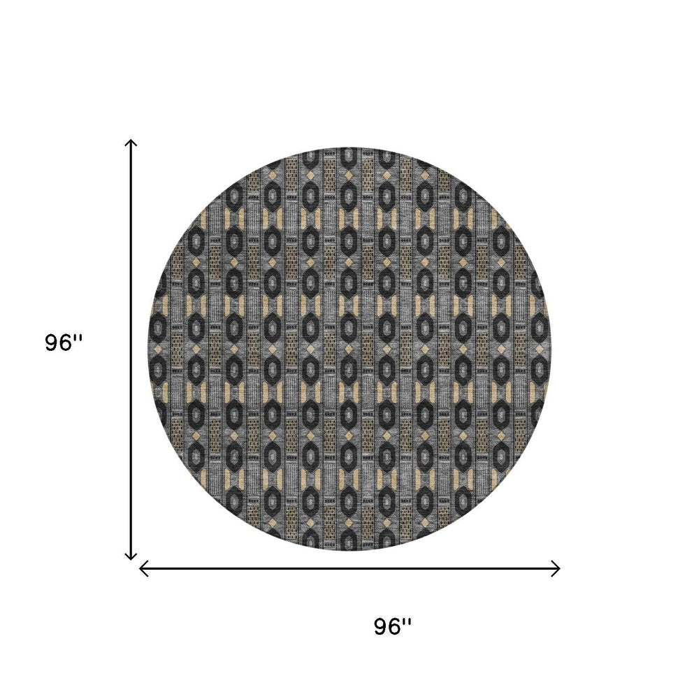 8' Black And Graphite Round Striped Washable Indoor Outdoor Area Rug — view 5