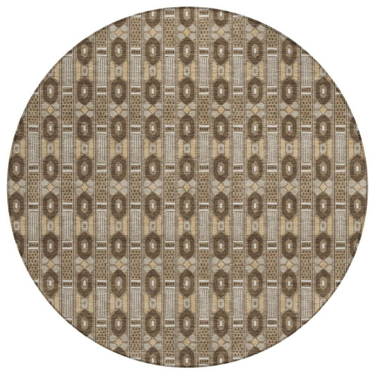 8' Chocolate And Brown Round Striped Washable Indoor Outdoor Area Rug