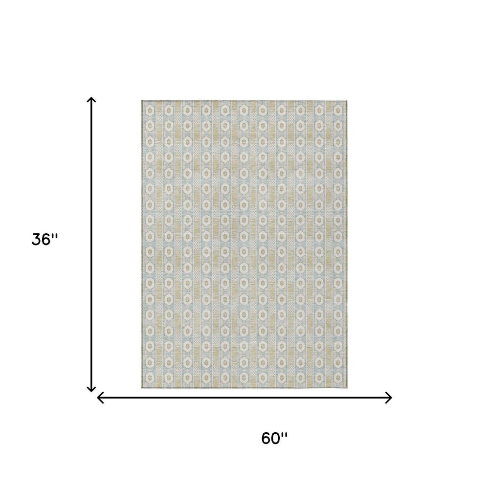 3' X 5' Ivory And Silver Striped Washable Indoor Outdoor Area Rug