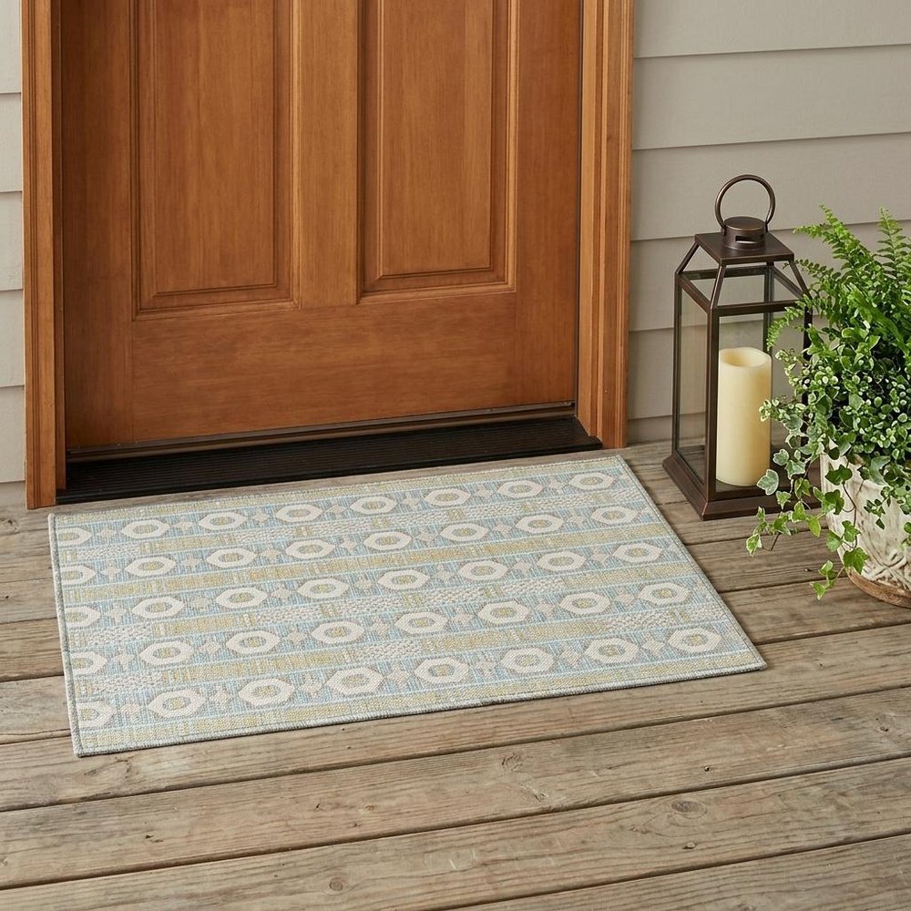 3' X 5' Ivory And Silver Striped Washable Indoor Outdoor Area Rug — view 6