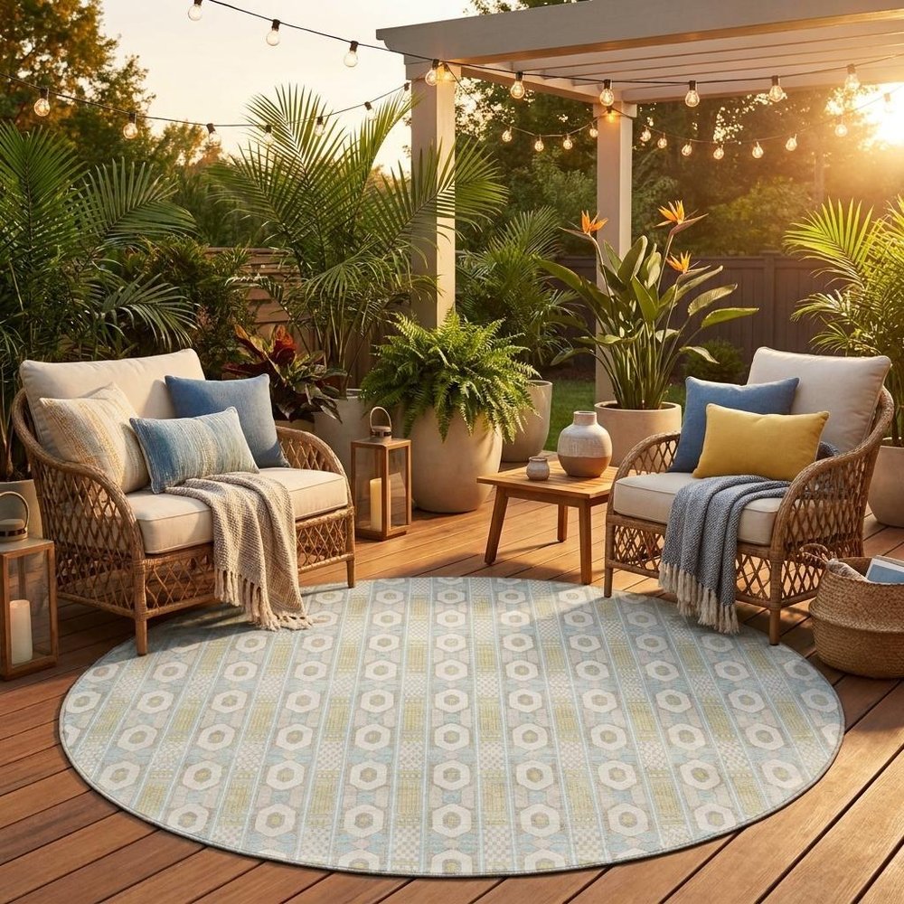 8' Ivory And Silver Round Striped Washable Indoor Outdoor Area Rug