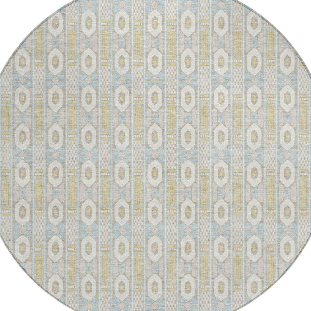 8' Ivory And Silver Round Striped Washable Indoor Outdoor Area Rug — view 7