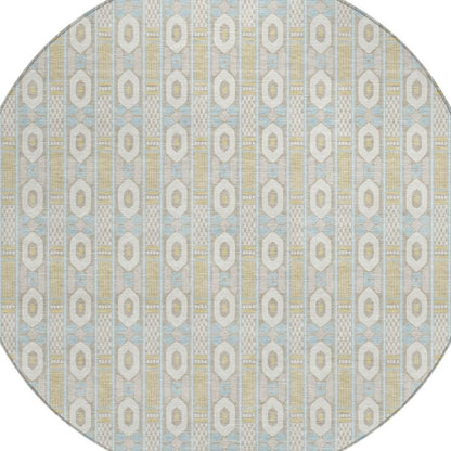 8' Ivory And Silver Round Striped Washable Indoor Outdoor Area Rug