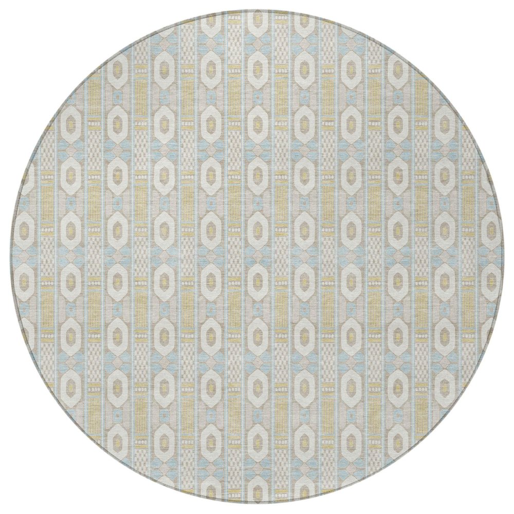 8' Ivory And Silver Round Striped Washable Indoor Outdoor Area Rug — view 8