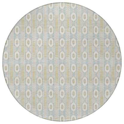 8' Ivory And Silver Round Striped Washable Indoor Outdoor Area Rug