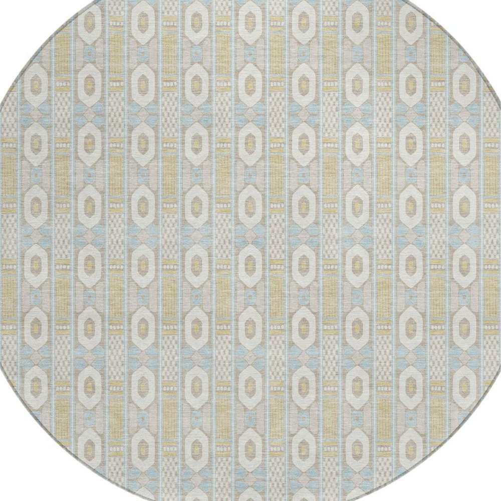 8' Ivory And Silver Round Striped Washable Indoor Outdoor Area Rug — view 9