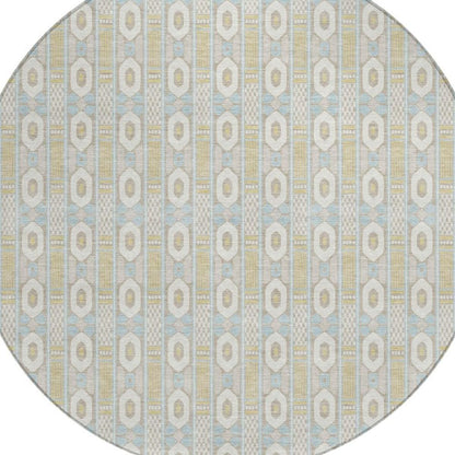 8' Ivory And Silver Round Striped Washable Indoor Outdoor Area Rug