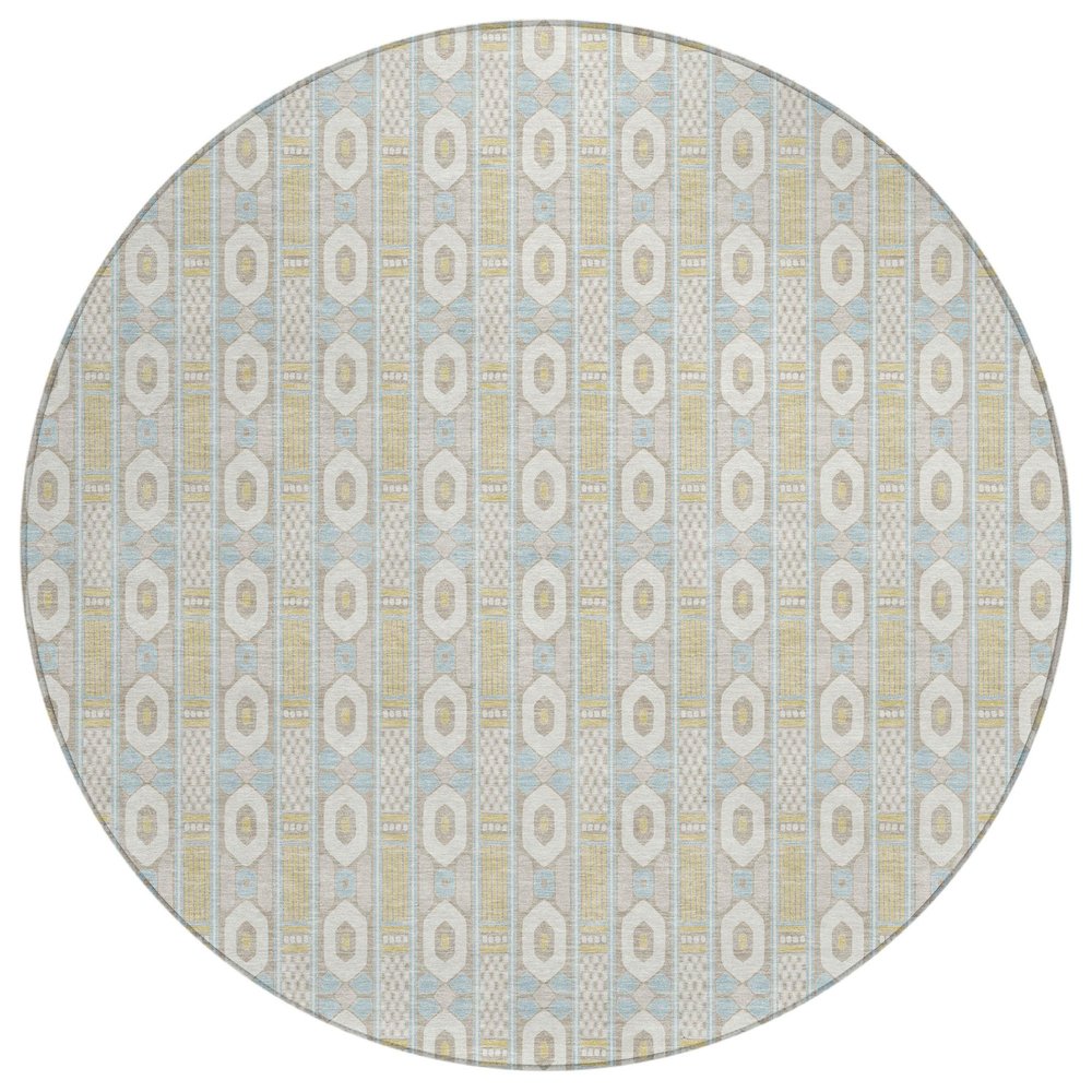 8' Ivory And Silver Round Striped Washable Indoor Outdoor Area Rug — view 1