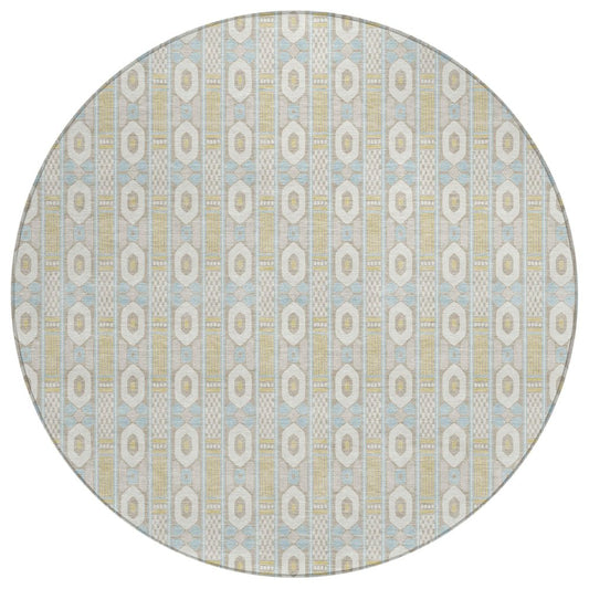 8' Ivory And Silver Round Striped Washable Indoor Outdoor Area Rug