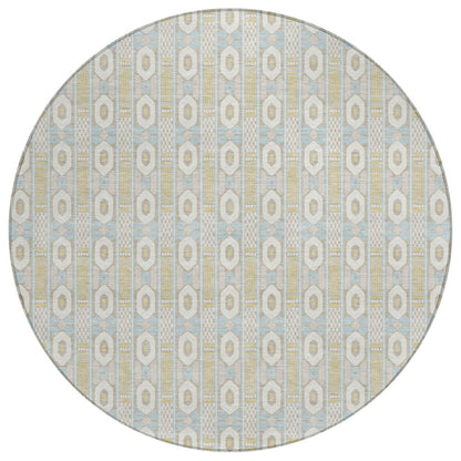 8' Ivory And Silver Round Striped Washable Indoor Outdoor Area Rug