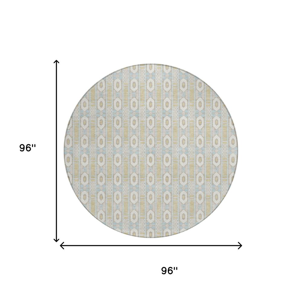 8' Ivory And Silver Round Striped Washable Indoor Outdoor Area Rug