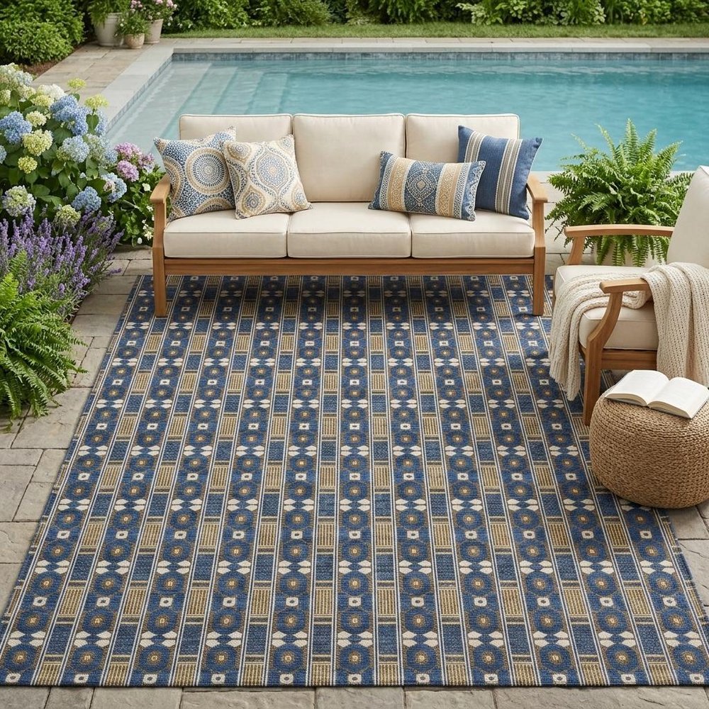 5' X 8' Navy Blue And Blue Striped Washable Indoor Outdoor Area Rug HomeRoots