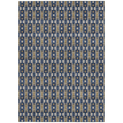 5' X 8' Navy Blue And Blue Striped Washable Indoor Outdoor Area Rug