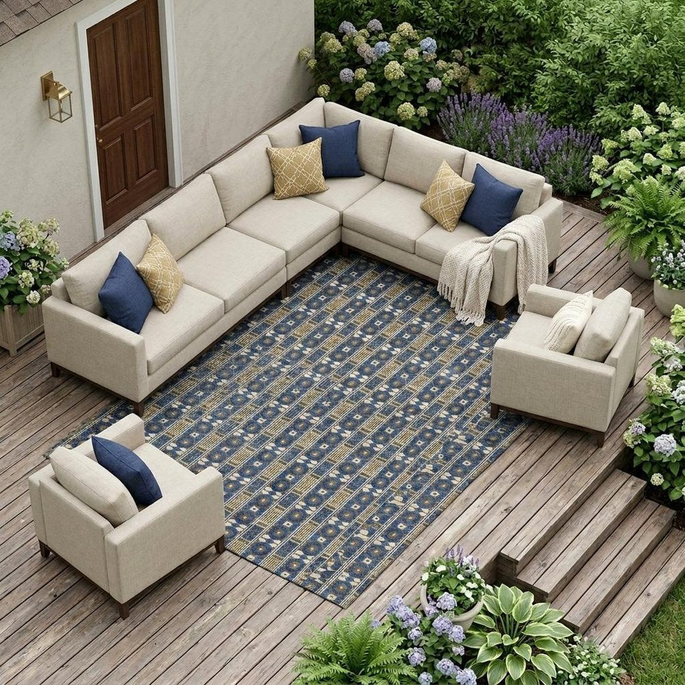 8' X 10' Navy Blue And Blue Striped Washable Indoor Outdoor Area Rug — view 5