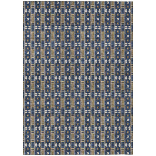 8' X 10' Navy Blue And Blue Striped Washable Indoor Outdoor Area Rug