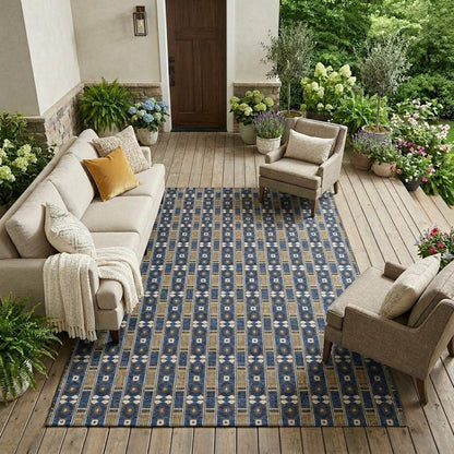 9' X 12' Navy Blue And Blue Striped Washable Indoor Outdoor Area Rug HomeRoots