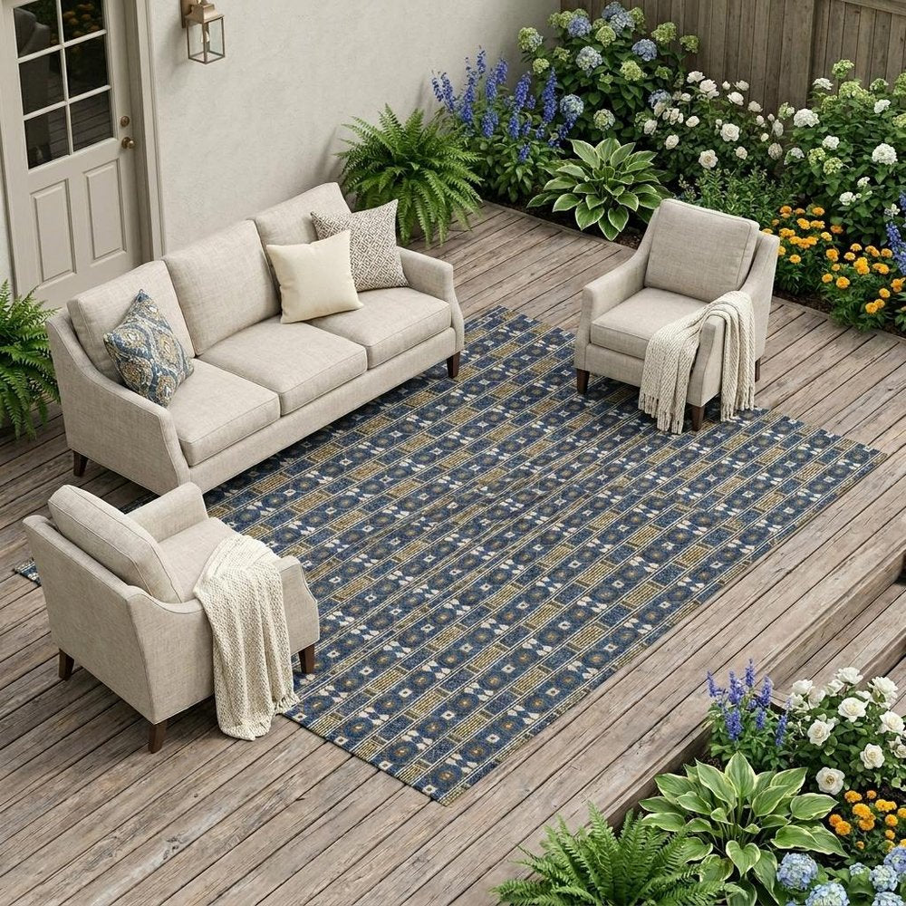 10' X 14' Navy Blue And Blue Striped Washable Indoor Outdoor Area Rug — view 5