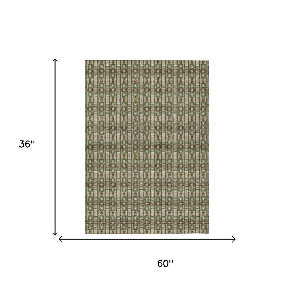 3' X 5' Olive Green And Green Striped Washable Indoor Outdoor Area Rug HomeRoots