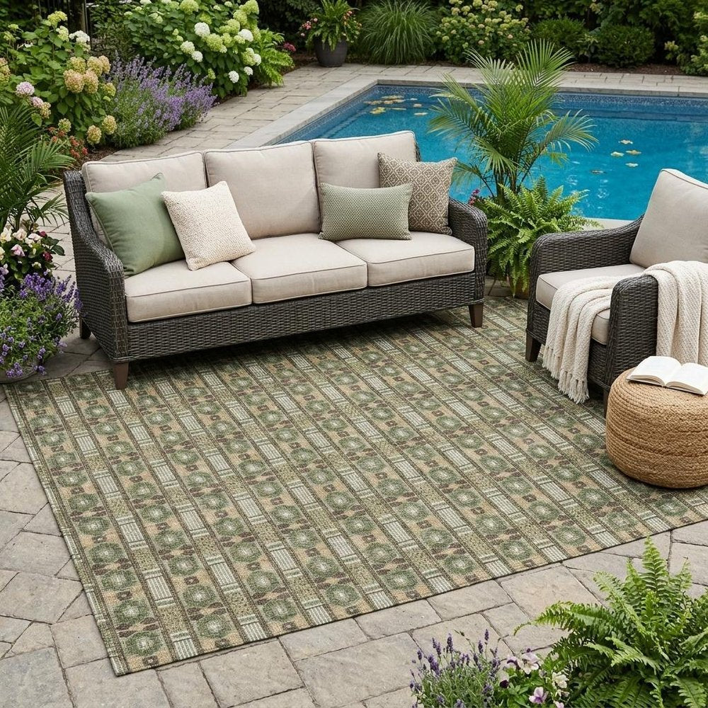 5' X 8' Olive Green And Green Striped Washable Indoor Outdoor Area Rug — view 5