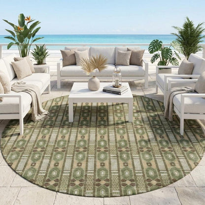8' Olive Green And Green Round Striped Washable Indoor Outdoor Area Rug HomeRoots