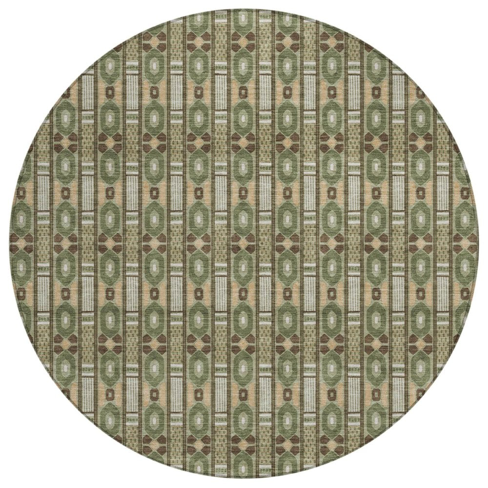 8' Olive Green And Green Round Striped Washable Indoor Outdoor Area Rug HomeRoots
