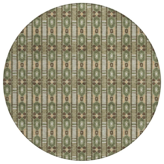 8' Olive Green And Green Round Striped Washable Indoor Outdoor Area Rug