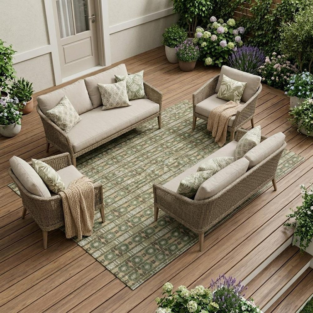 8' X 10' Olive Green And Green Striped Washable Indoor Outdoor Area Rug — view 5