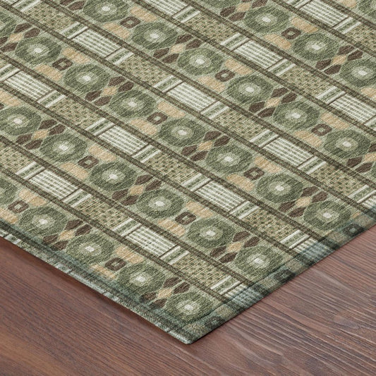 8' X 10' Olive Green And Green Striped Washable Indoor Outdoor Area Rug