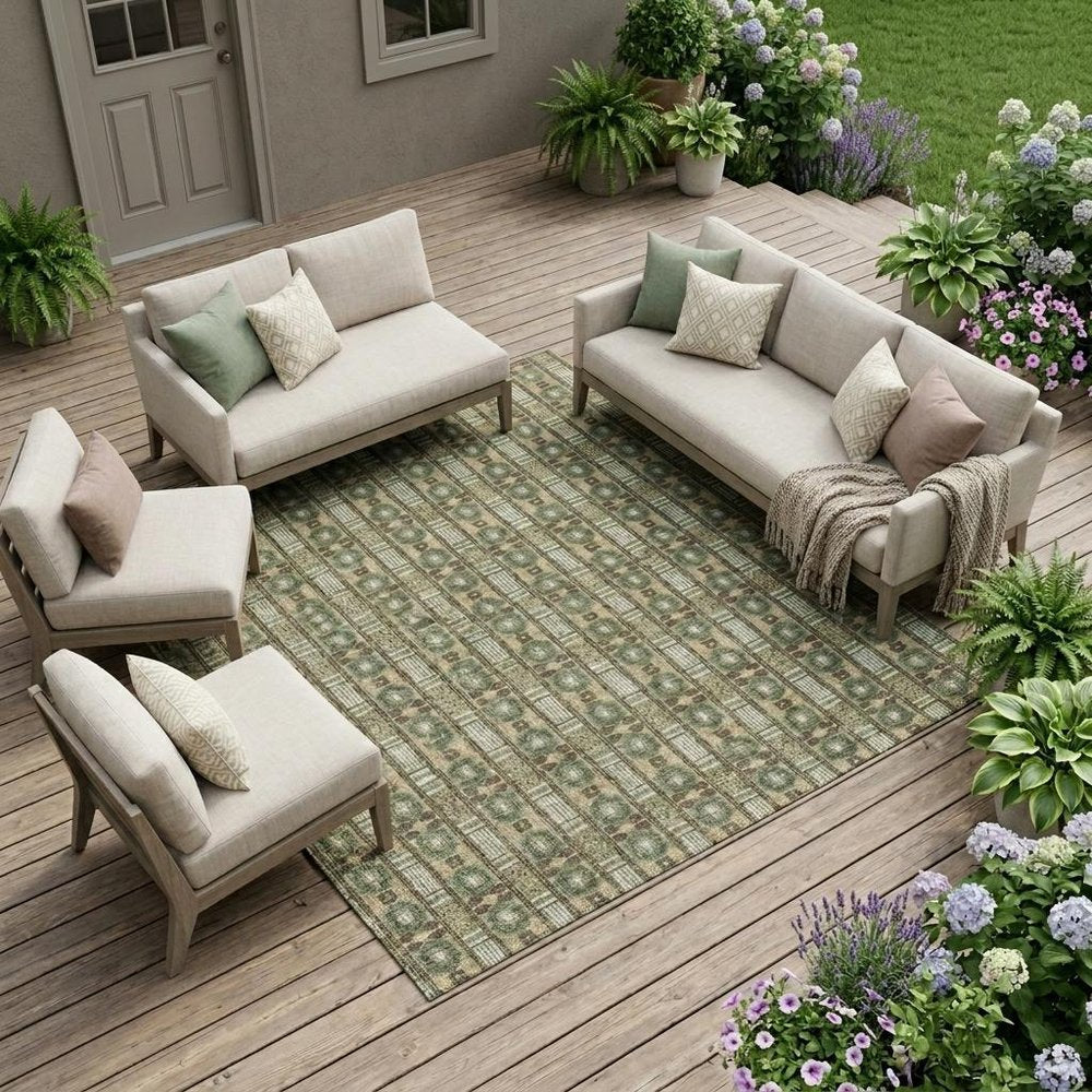 9' X 12' Olive Green And Green Striped Washable Indoor Outdoor Area Rug HomeRoots