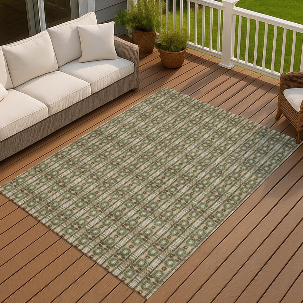 10' X 14' Olive Green And Green Striped Washable Indoor Outdoor Area Rug — view 2