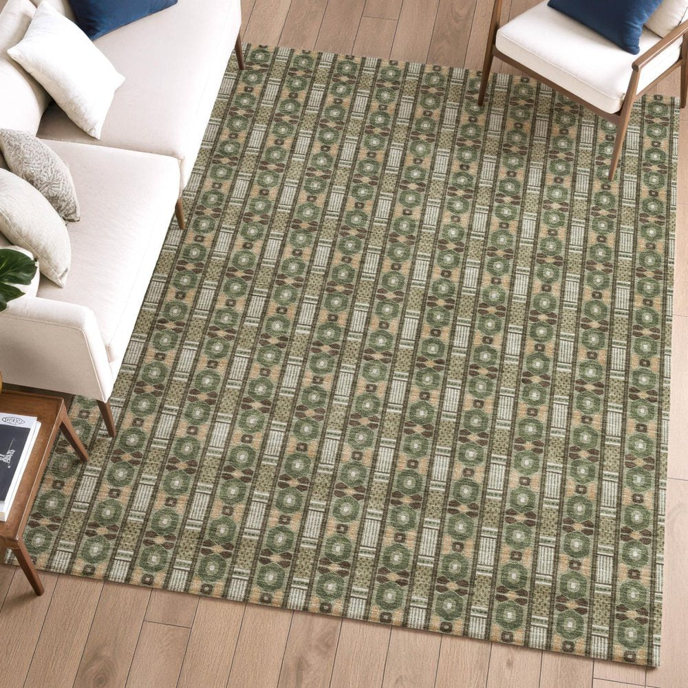 10' X 14' Olive Green And Green Striped Washable Indoor Outdoor Area Rug HomeRoots