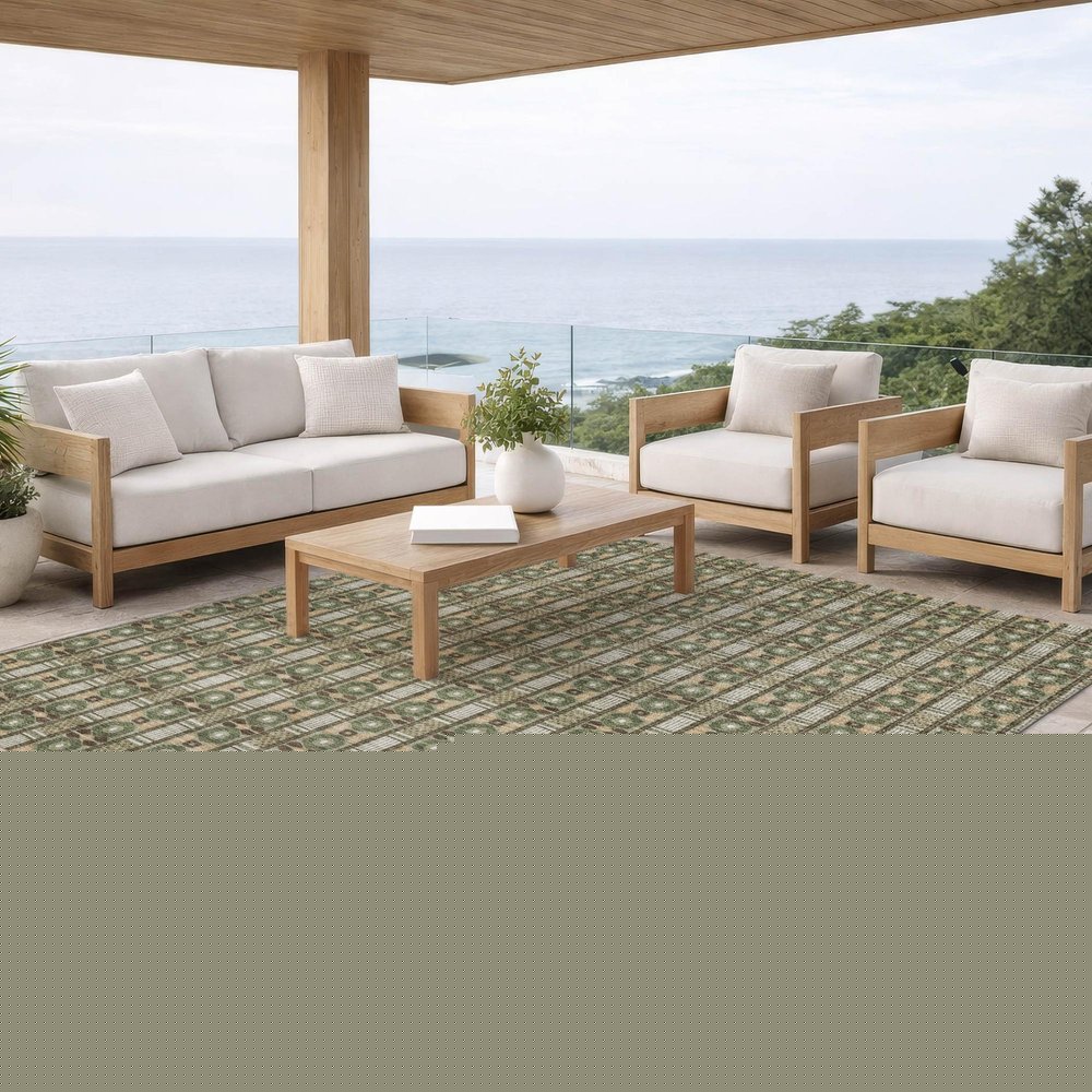 10' X 14' Olive Green And Green Striped Washable Indoor Outdoor Area Rug — view 4