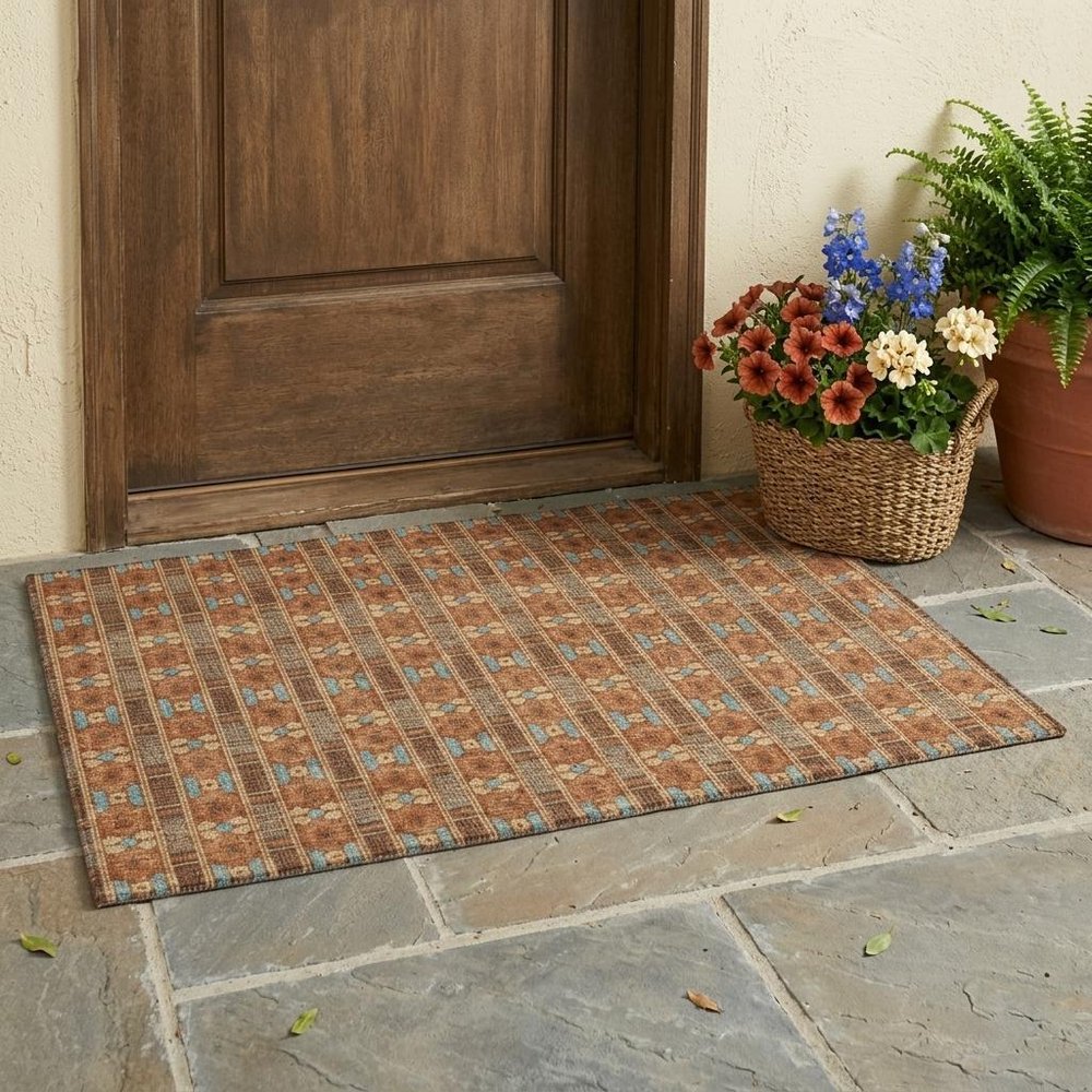 3' X 5' Orange And Teal Blue Striped Washable Indoor Outdoor Area Rug