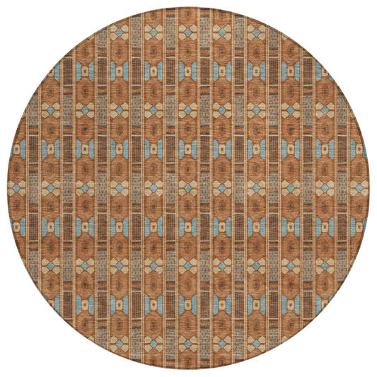 8' Orange And Teal Blue Round Striped Washable Indoor Outdoor Area Rug