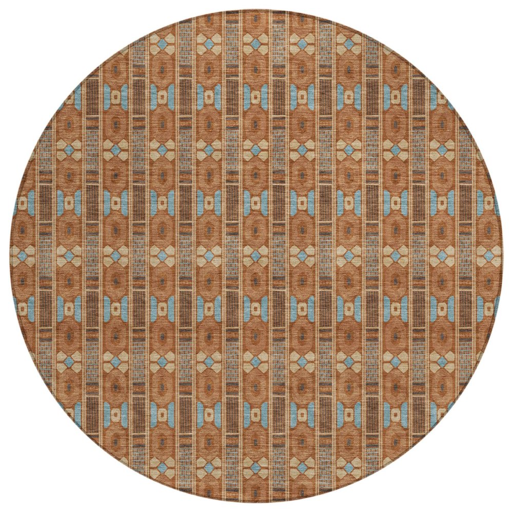 8' Orange And Teal Blue Round Striped Washable Indoor Outdoor Area Rug HomeRoots