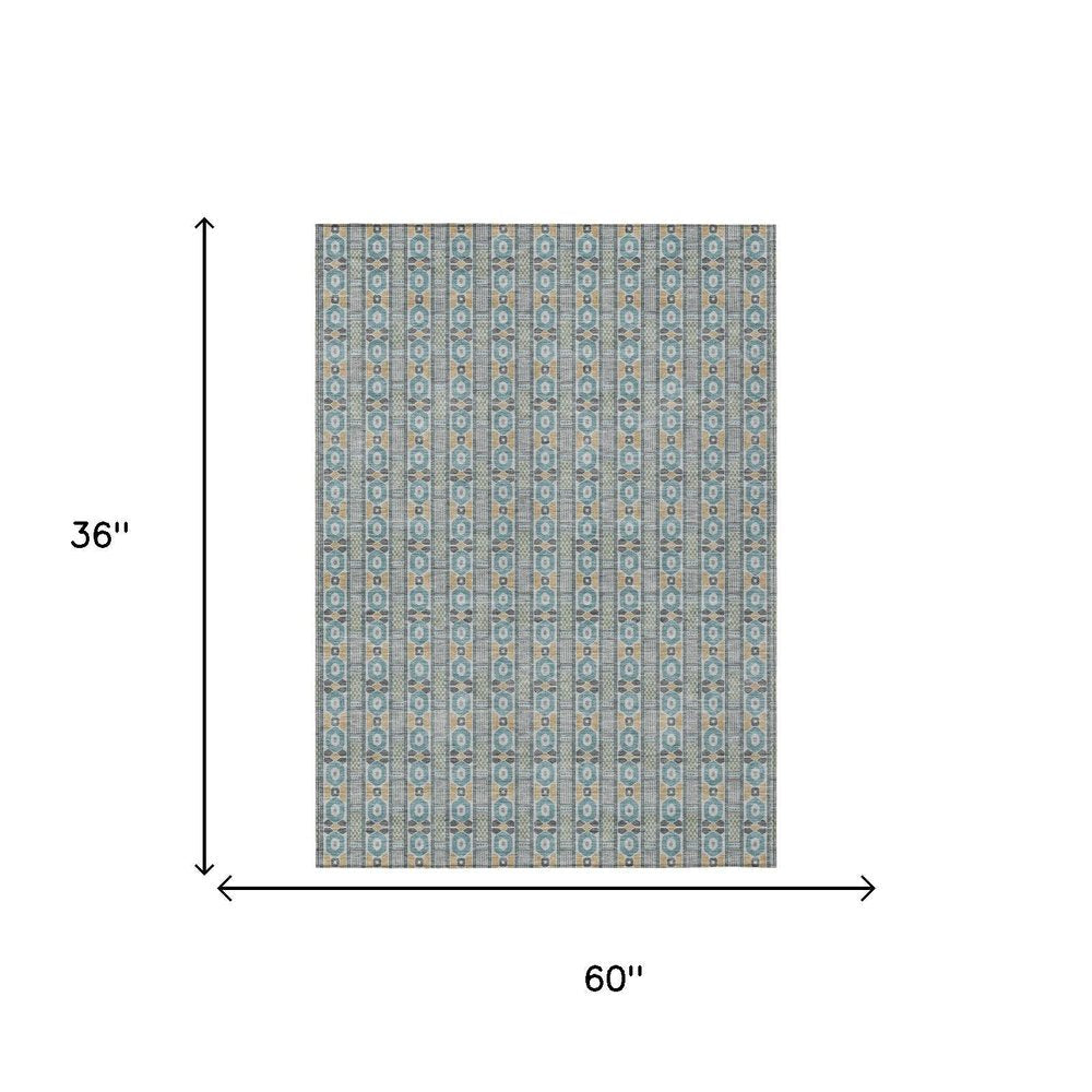 3' X 5' Teal Blue And Silver Striped Washable Indoor Outdoor Area Rug — view 4