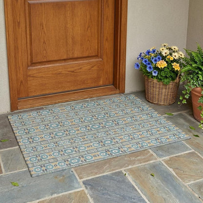 3' X 5' Teal Blue And Silver Striped Washable Indoor Outdoor Area Rug HomeRoots