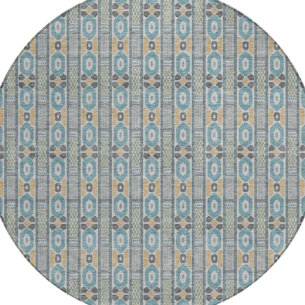 8' Teal Blue And Silver Round Striped Washable Indoor Outdoor Area Rug