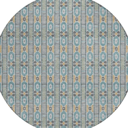 8' Teal Blue And Silver Round Striped Washable Indoor Outdoor Area Rug