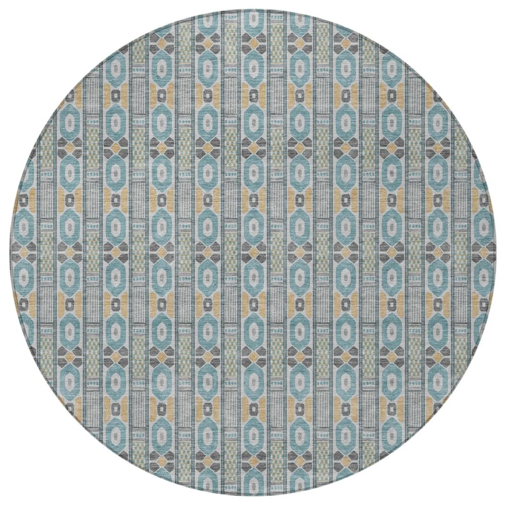 8' Teal Blue And Silver Round Striped Washable Indoor Outdoor Area Rug