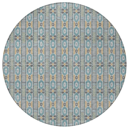 8' Teal Blue And Silver Round Striped Washable Indoor Outdoor Area Rug