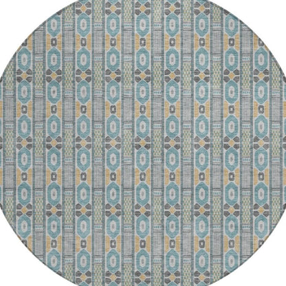 8' Teal Blue And Silver Round Striped Washable Indoor Outdoor Area Rug