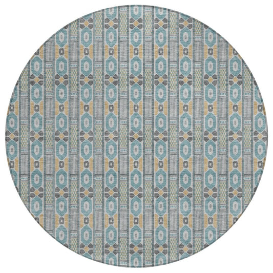 8' Teal Blue And Silver Round Striped Washable Indoor Outdoor Area Rug