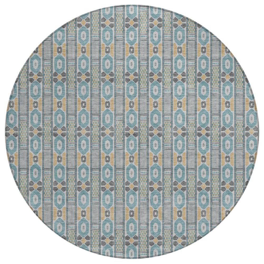 8' Teal Blue And Silver Round Striped Washable Indoor Outdoor Area Rug — view 1