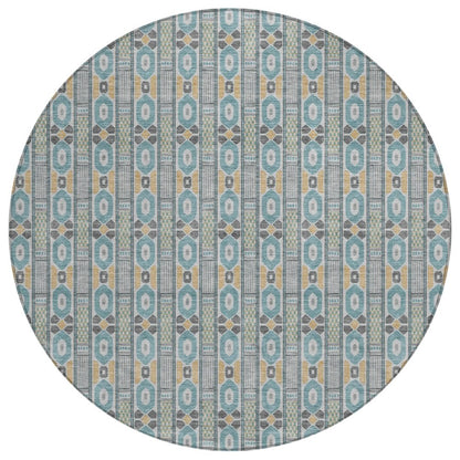 8' Teal Blue And Silver Round Striped Washable Indoor Outdoor Area Rug