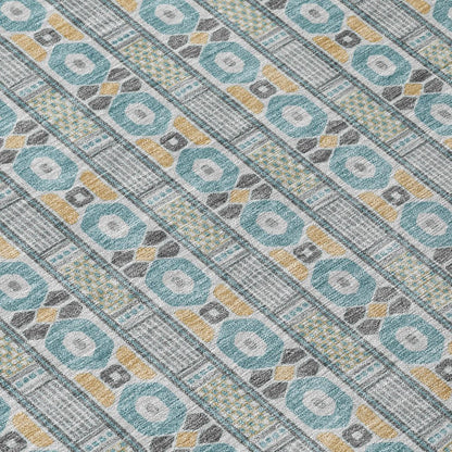 8' Teal Blue And Silver Round Striped Washable Indoor Outdoor Area Rug HomeRoots